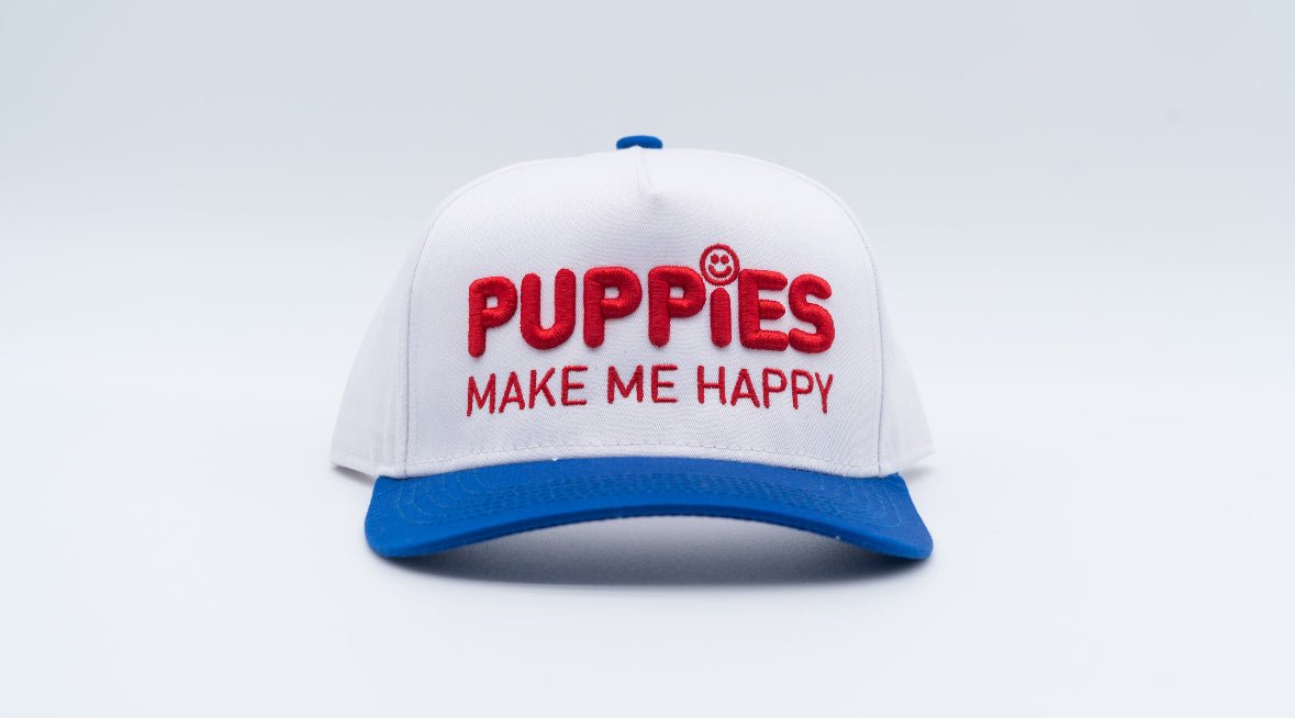 Puppies Make Me Happy Red White & Blue 3D Puff Snapback Hat | 4th of July Dog Lover Gift