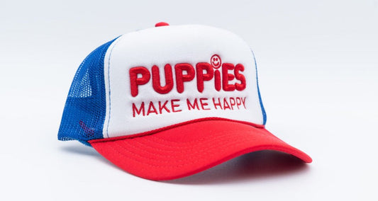 Red White & Blue Puppies Make Me Happy Trucker Hat | Patriotic Dog Lover Gift | Last 4