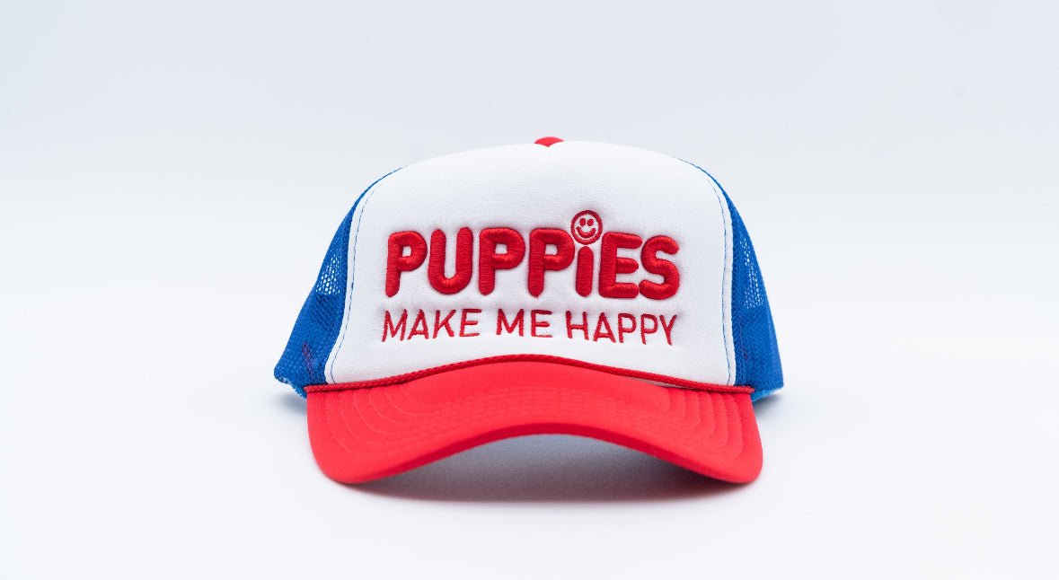 Red White & Blue Puppies Make Me Happy Trucker Hat | Patriotic Dog Lover Gift | Last 4