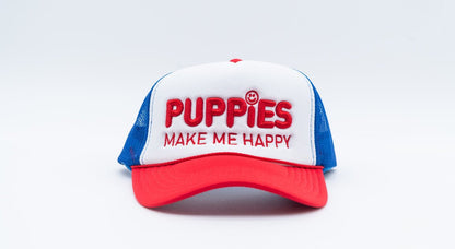Red White & Blue Puppies Make Me Happy Trucker Hat | Patriotic Dog Lover Gift | Last 4