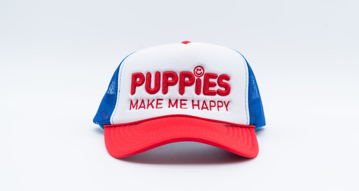 Red White & Blue Puppies Make Me Happy Trucker Hat | Patriotic Dog Lover Gift | Last 4