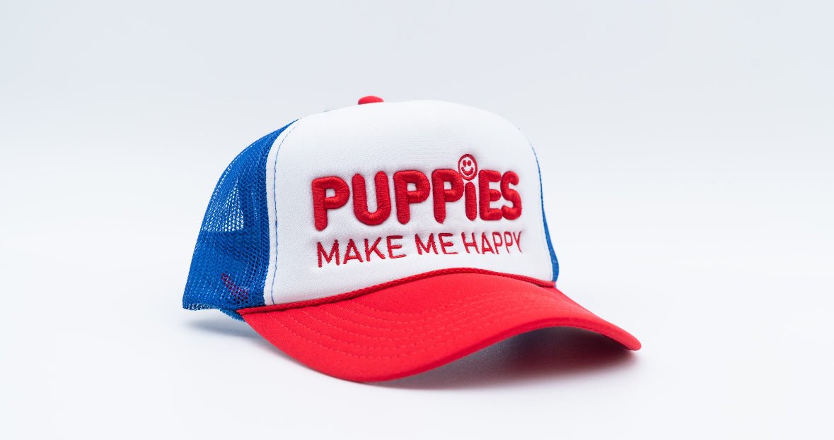 Red White & Blue Puppies Make Me Happy Trucker Hat | Patriotic Dog Lover Gift | Last 4