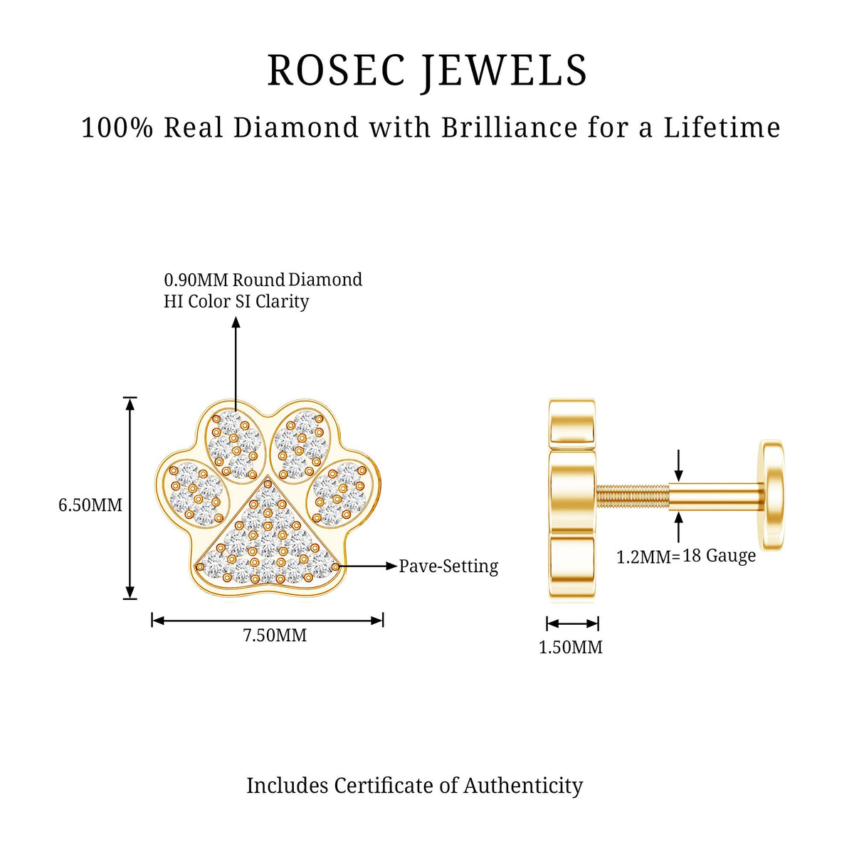 Certified Diamond Paw Cartilage Earring