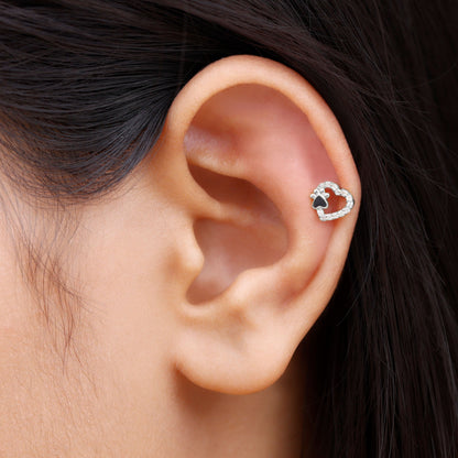 Sparkling Diamond Dog Paw Heart Earring with Black Enamel
