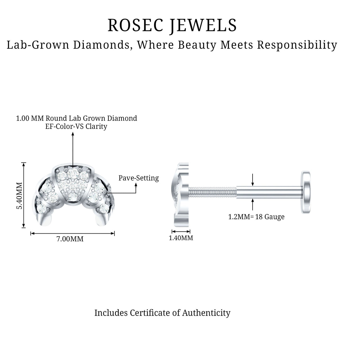 Diamond Croissant Earring for Conch Piercing