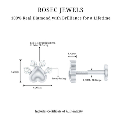 Diamond and Heart Dog Paw Print Cartilage Earring