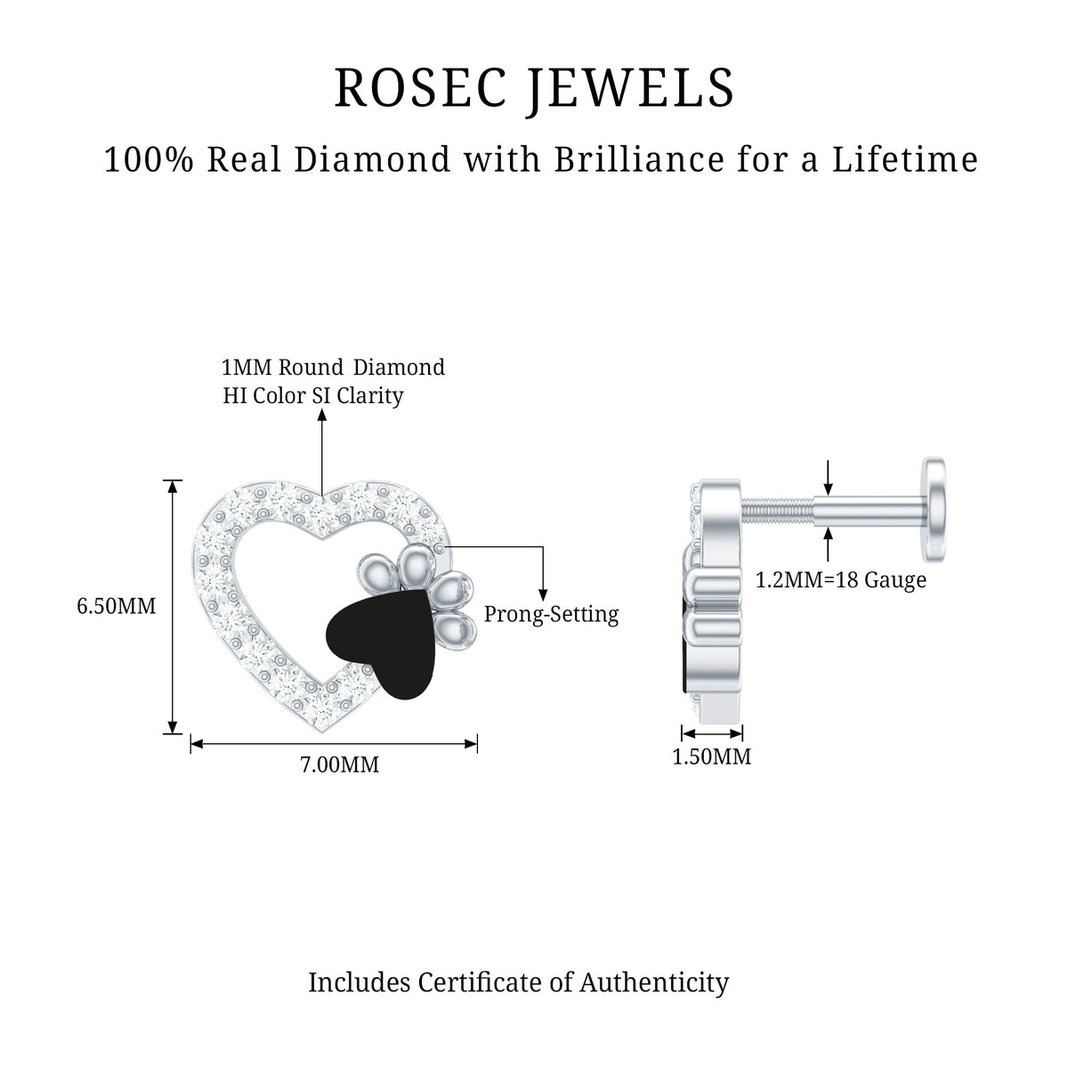 Sparkling Diamond Dog Paw Heart Earring with Black Enamel