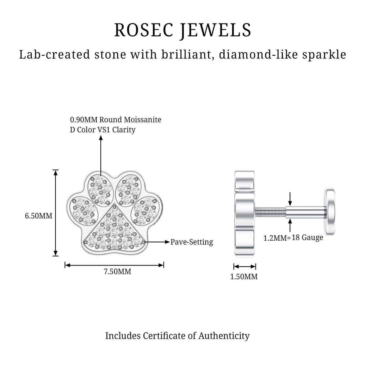 Moissanite Dog Paw Print Earring for Cartilage Piercing