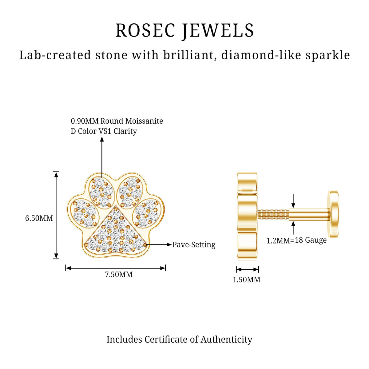 Moissanite Dog Paw Print Earring for Cartilage Piercing