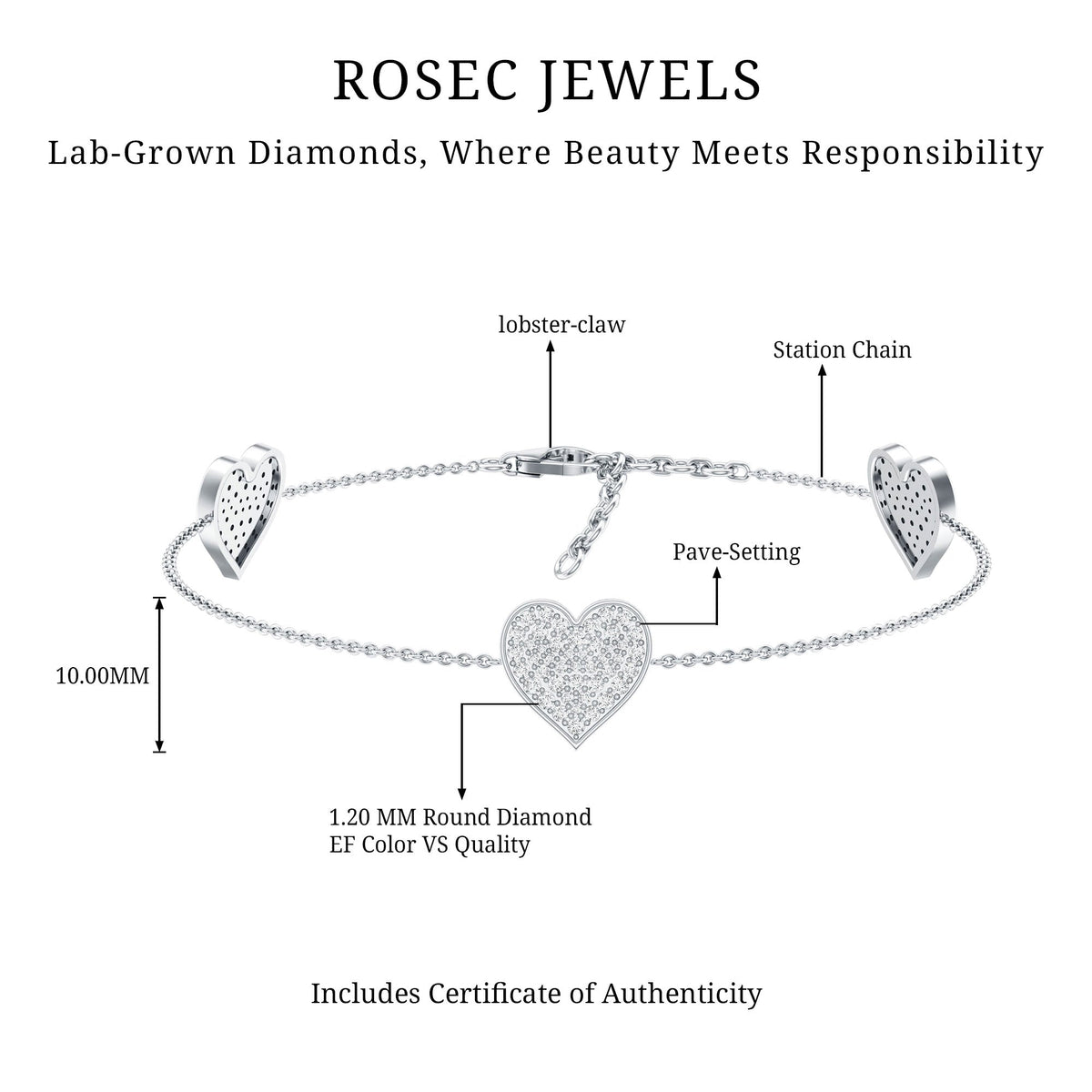 Pave Set Lab Grown Diamond Heart Bracelet for Women