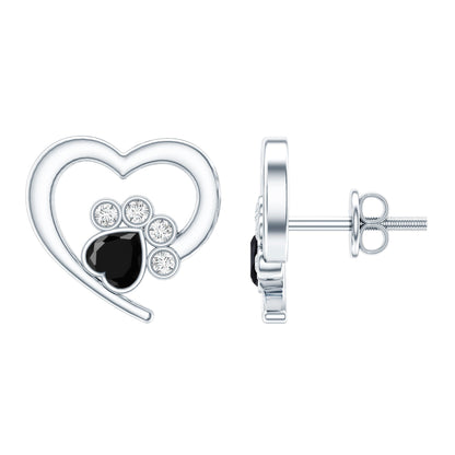 Heart Shape Black Onyx and Diamond Paw Stud Earrings
