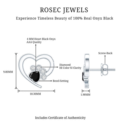 Heart Shape Black Onyx and Diamond Paw Stud Earrings