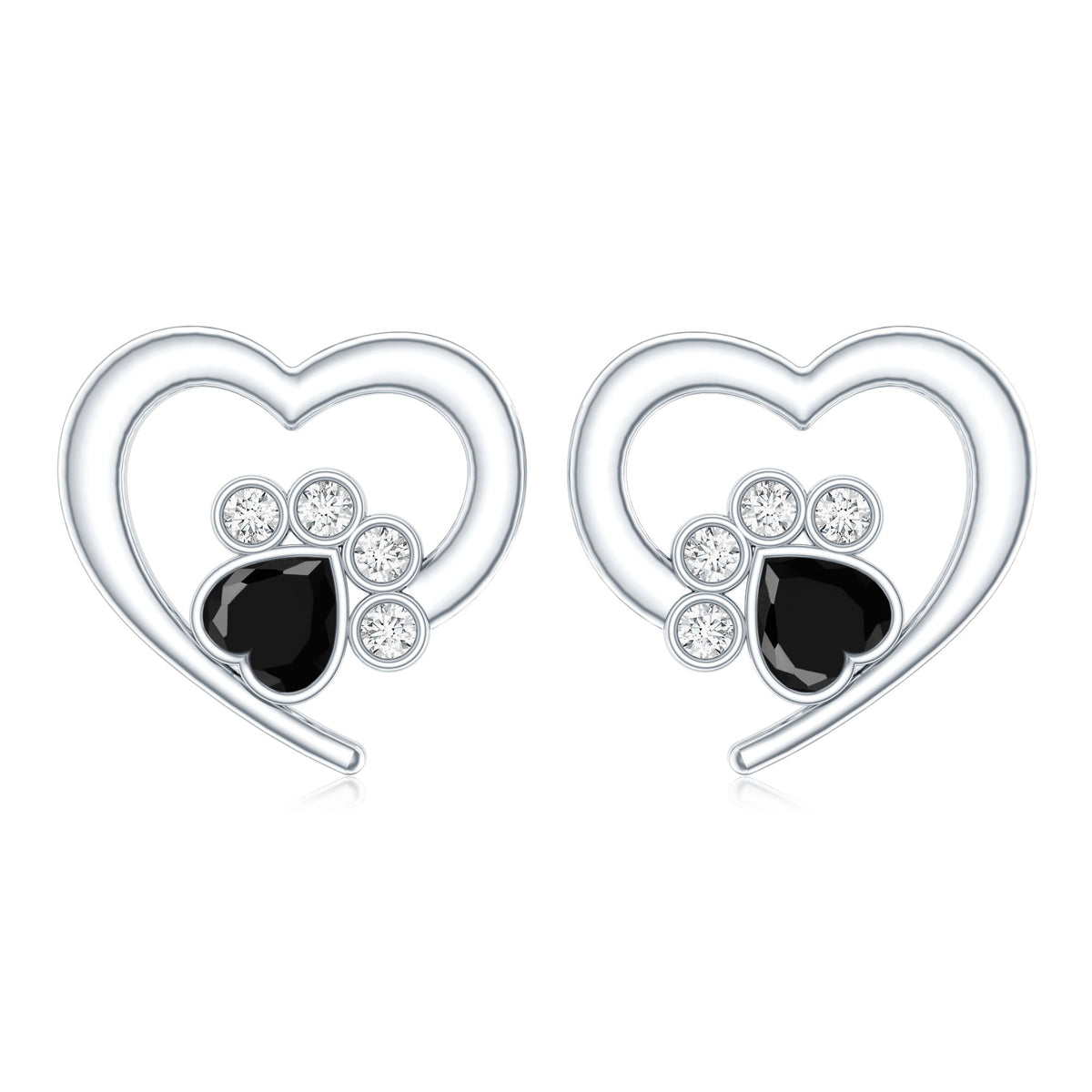 Heart Shape Black Onyx and Diamond Paw Stud Earrings