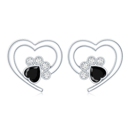 Heart Shape Black Onyx and Diamond Paw Stud Earrings