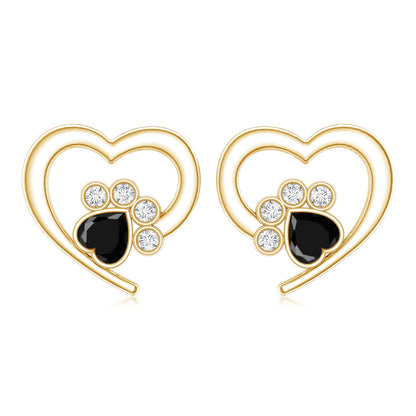 Heart Shape Black Onyx and Diamond Paw Stud Earrings