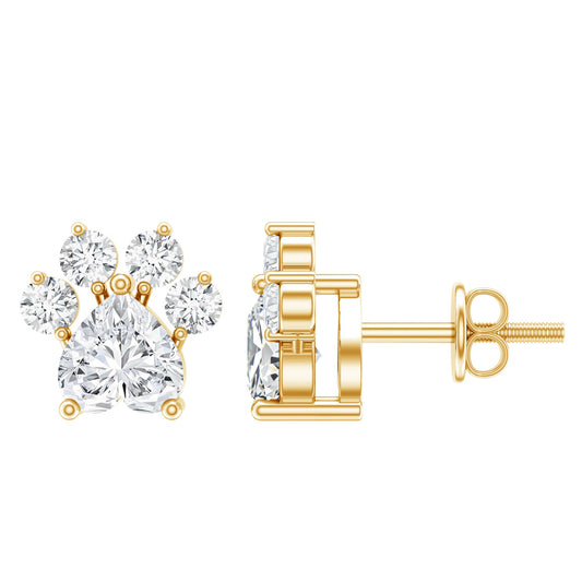 Heart and Round Shape Moissanite Paw Stud Earrings
