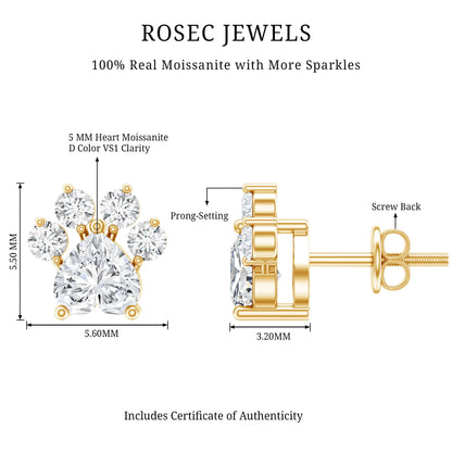 Heart and Round Shape Moissanite Paw Stud Earrings