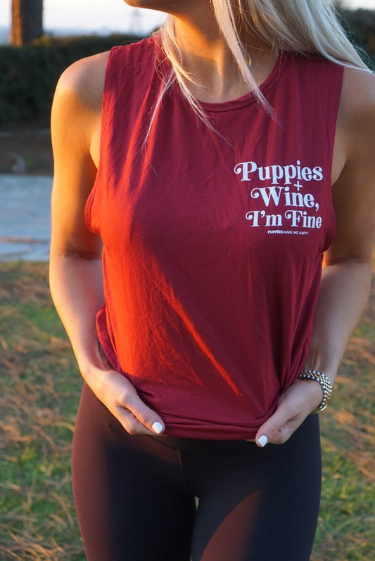 Puppies Wine & I'm Fine 2.0 Women's Sleeveless Tank | Gift for Dog Moms | Handmade in Los Angeles