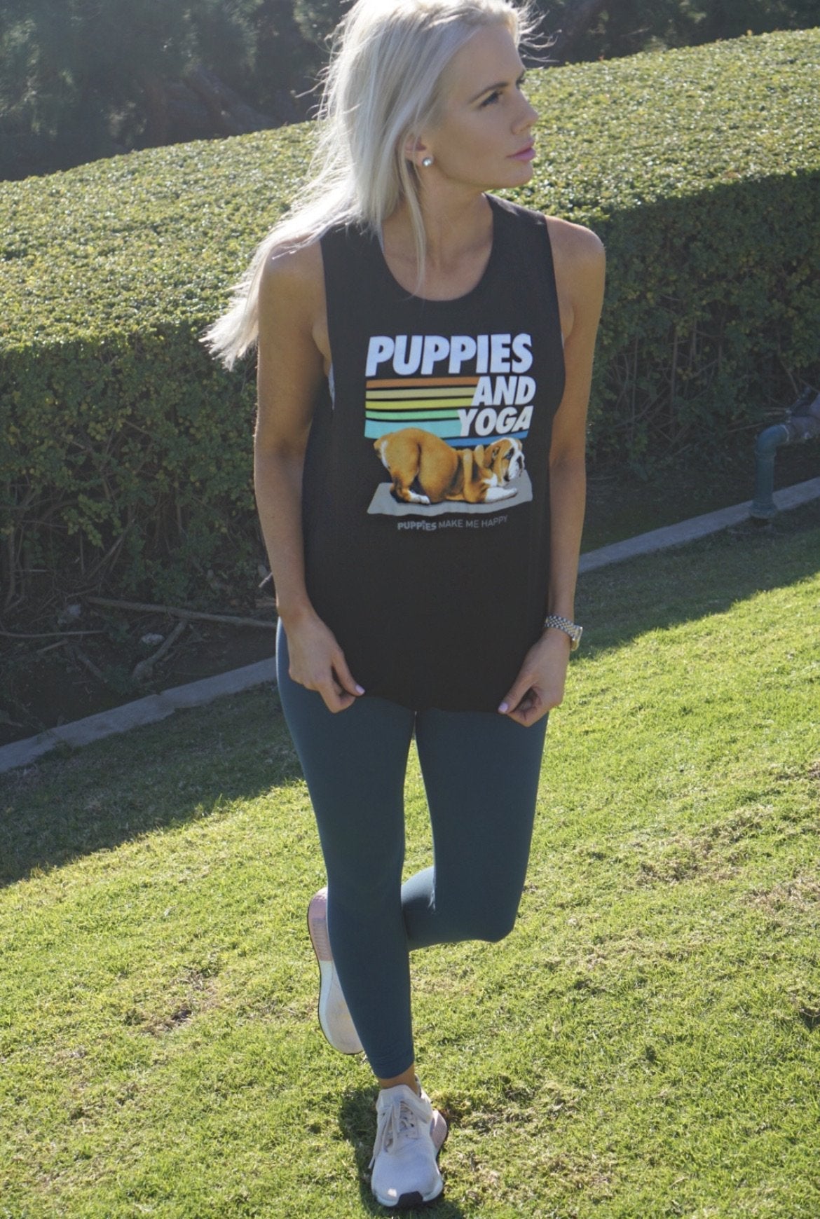 Puppies & Yoga Women's Sleeveless Tank | Gift for Dog Moms | As Seen in Dog Days | Made in USA